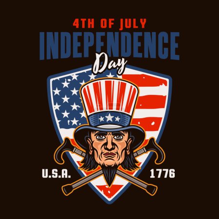 Téléchargez les illustrations : Jour de l'indépendance des États-Unis emblème vectoriel avec la tête de l'oncle Sam dans un style coloré sur fond sombre - en licence libre de droit