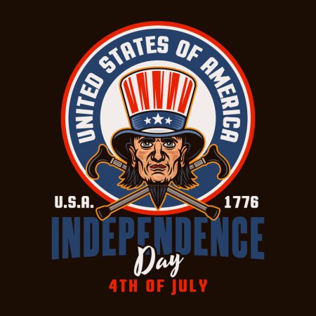 Illustration for Independence day of USA vector emblem with uncle Sam head in colorful style on dark background - Royalty Free Image