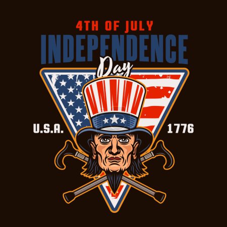 Ilustración de Día de la independencia de EE.UU. emblema vectorial con el tío Sam cabeza en estilo colorido sobre fondo oscuro - Imagen libre de derechos