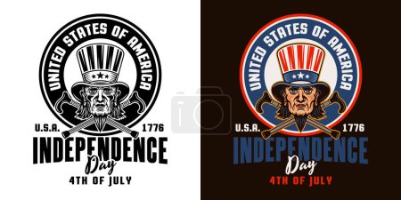 Téléchargez les illustrations : Jour de l'indépendance des États-Unis emblème vectoriel avec la tête de l'oncle Sam. Illustration en deux styles, noir sur blanc et coloré sur fond sombre - en licence libre de droit