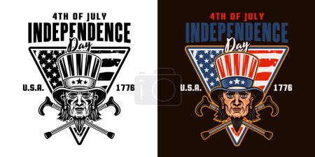 Téléchargez les illustrations : Jour de l'indépendance des États-Unis emblème vectoriel avec la tête de l'oncle Sam. Illustration en deux styles, noir sur blanc et coloré sur fond sombre - en licence libre de droit