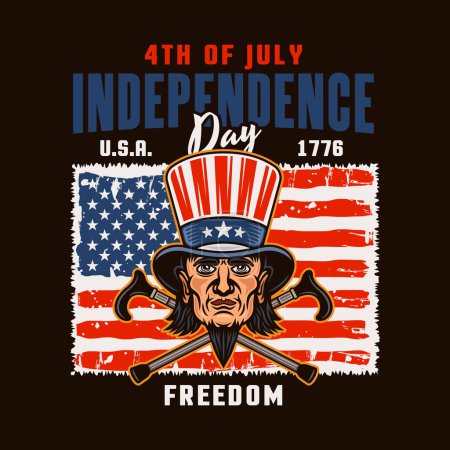 Téléchargez les illustrations : Jour de l'indépendance des États-Unis emblème vectoriel avec la tête de l'oncle Sam dans un style coloré sur fond sombre - en licence libre de droit