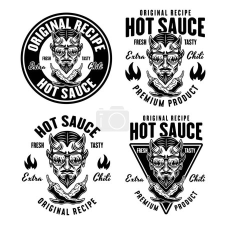 Ilustración de Conjunto de emblemas de vectores de salsa picante, etiquetas, insignias con cabeza de diablo en estilo monocromo aislado en blanco - Imagen libre de derechos
