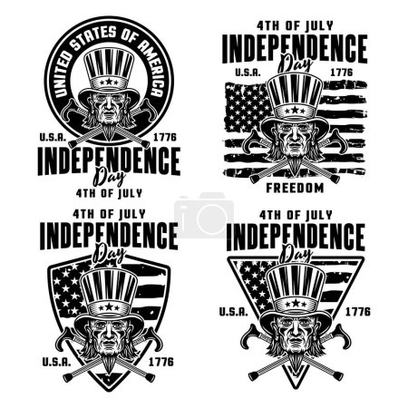 Téléchargez les illustrations : Jour de l'indépendance des États-Unis ensemble d'emblèmes vectoriels avec la tête de l'oncle Sam dans un style noir monochrome isolé sur blanc - en licence libre de droit
