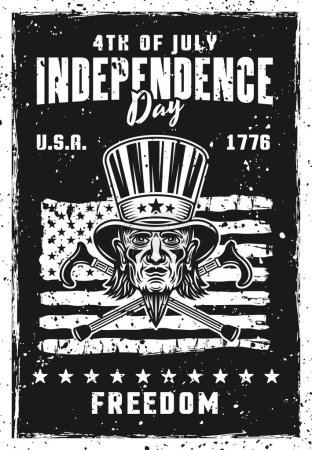 Téléchargez les illustrations : Affiche vintage du jour de l'indépendance des États-Unis avec tête d'oncle Sam et illustration vectorielle à deux cannes croisées. Calque, texture et texte séparés - en licence libre de droit
