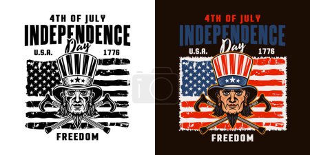Ilustración de Día de la Independencia de EE.UU. emblema vectorial con el tío Sam cabeza. Ilustración en dos estilos, negro sobre blanco y colorido sobre fondo oscuro - Imagen libre de derechos