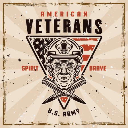 Ilustración de Veteranos estadounidenses emblema vectorial con cabeza de soldado y dos balas cruzadas en estilo vintage. Ilustración sobre fondo con texturas extraíbles en capas separadas - Imagen libre de derechos