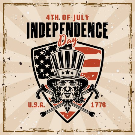 Téléchargez les illustrations : Jour de l'indépendance des États-Unis emblème vectoriel avec la tête de l'oncle Sam. Illustration style vintage sur fond avec des textures amovibles sur des couches séparées - en licence libre de droit