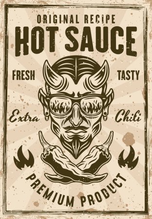 Ilustración de Cartel vintage de salsa picante con cabeza de diablo y dos chiles cruzados ilustración vectorial. Capas, textura y texto separados - Imagen libre de derechos