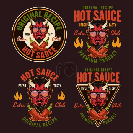 Ilustración de Conjunto de emblemas de vectores de salsa picante, etiquetas, insignias con cabeza de diablo en estilo colorido sobre fondo oscuro - Imagen libre de derechos