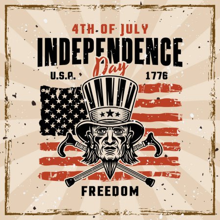 Téléchargez les illustrations : Jour de l'indépendance des États-Unis emblème vectoriel avec la tête de l'oncle Sam. Illustration style vintage sur fond avec des textures amovibles sur des couches séparées - en licence libre de droit