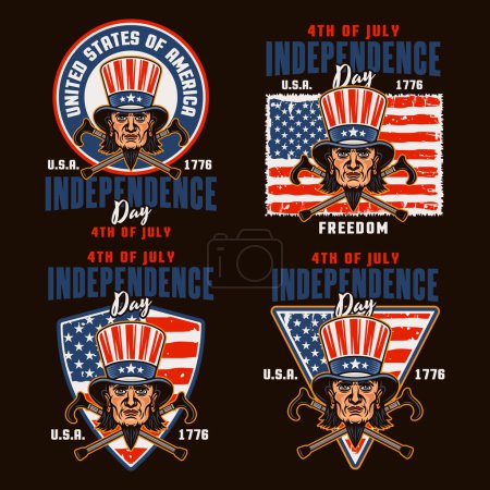 Téléchargez les illustrations : Jour de l'indépendance des États-Unis ensemble d'emblèmes vectoriels avec la tête de l'oncle Sam dans un style coloré sur fond sombre - en licence libre de droit