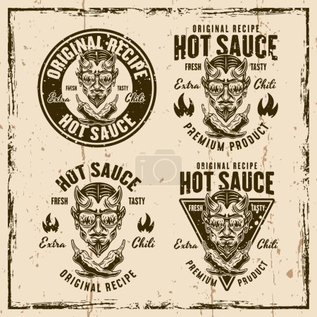 Illustration for Hot sauce set of vector emblems, badges, labels or prints. Illustration on background with textures and frame - Royalty Free Image