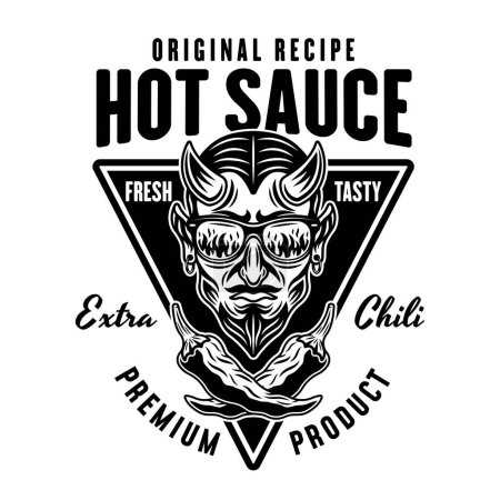 Ilustración de Emblema de vector de salsa picante, etiqueta, insignia con cabeza de diablo en estilo monocromo aislado en blanco - Imagen libre de derechos