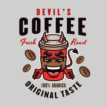 Ilustración de Diablo café taza de papel mascota vector emblema, insignia, etiqueta o diseño de impresión en estilo colorido sobre fondo gris - Imagen libre de derechos