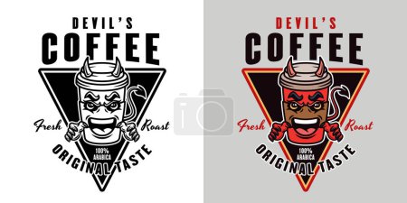 Ilustración de Diablo café taza de papel mascota vector emblema, insignia, etiqueta o diseño de impresión en dos estilos, negro sobre blanco y colorido - Imagen libre de derechos