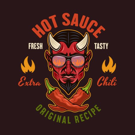 Illustration for Hot sauce vector emblem, label, badge with devil head in colorful style on dark background - Royalty Free Image