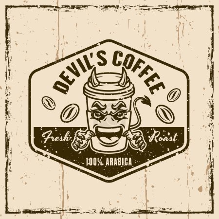 Illustration for Devil coffee paper cup mascot vector emblem, badge, label or print. llustration on background with textures and frame - Royalty Free Image