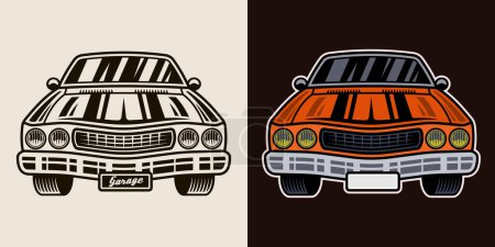 Téléchargez les illustrations : Illustration vectorielle de vue de face de voiture de muscle dans deux styles, monochrome et coloré - en licence libre de droit