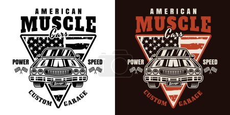 Ilustración de Emblema de vector de coche muscular, etiqueta, insignia o impresión en dos estilos de color y negro sobre fondo blanco - Imagen libre de derechos