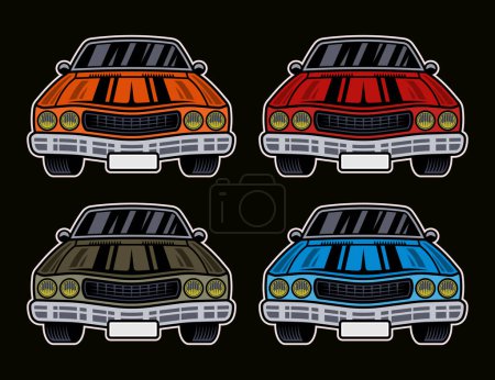 Ilustración de Conjunto de coches musculares de elementos vectoriales en diferentes colores sobre fondo oscuro - Imagen libre de derechos