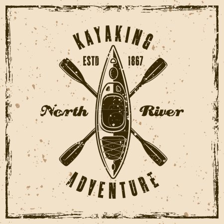 Kayaking vector emblem in vintage style on background with textures and scratches