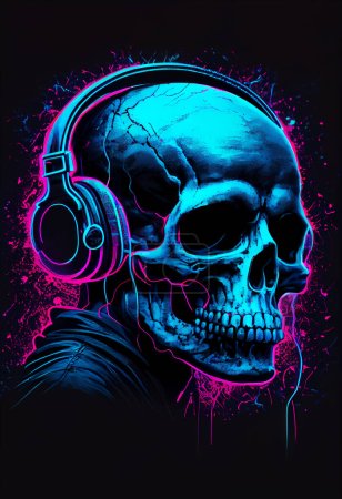 Photo for A skull listening to deadly sound on headphones,  Illustration in neon. - Royalty Free Image