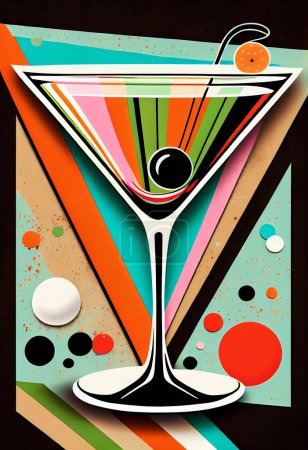 Pop art deco martini, shaken not stirred.  Illustration.