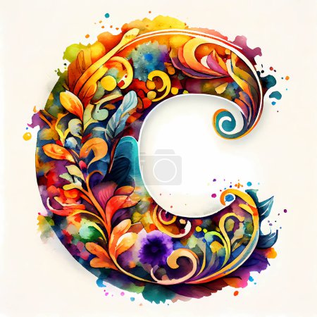 Foto de Hermosa inicial C, en un estilo acuarela, con flores de colores y filigrana. Ilustración. - Imagen libre de derechos