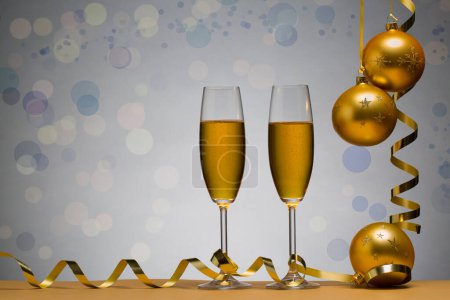 Téléchargez les photos : Photo de deux verres à champagne sur une table brune avec boule de Noël, fond - en image libre de droit