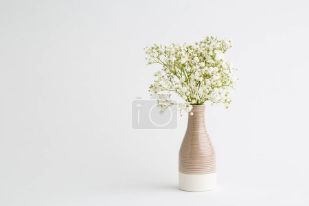 Téléchargez les photos : Fleurs blanches sur fond blanc. Décor doux pour la maison. Fleurs blanches dans un vase. - en image libre de droit