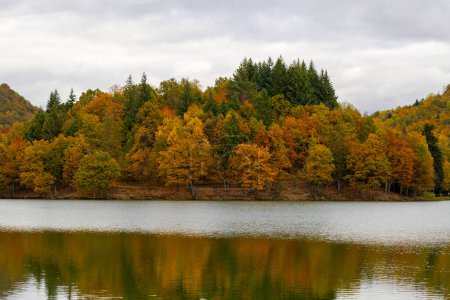 Foto de Bosque de follaje de otoño que refleja en la superficie quieta del agua del lago, hermosos colores de follaje de otoño sobre el agua. - Imagen libre de derechos