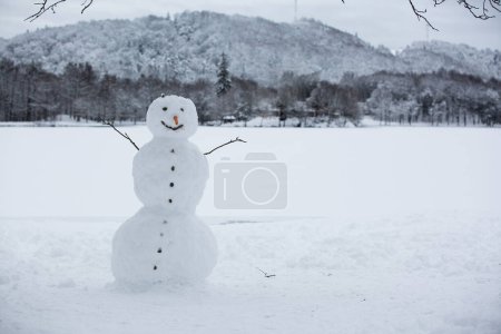 Téléchargez les photos : Bonhomme de neige pour Noël et le Nouvel An. forêt enneigée d'hiver. Surprises et cadeaux pour les vacances d'hiver - en image libre de droit