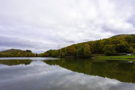 Téléchargez les photos : Automne forêt de feuillage reflétant dans la surface immobile de l'eau du lac, Belles couleurs de feuillage d'automne au-dessus de l'eau. - en image libre de droit
