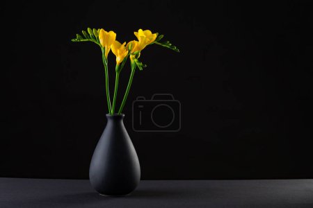 Foto de Un hermoso ramo de flores amarillas en un elegante jarrón negro de porcelana sobre un fondo negro - Imagen libre de derechos