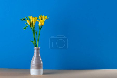 Foto de Ramo de tulipanes amarillos en un jarrón sobre un fondo azul - Imagen libre de derechos
