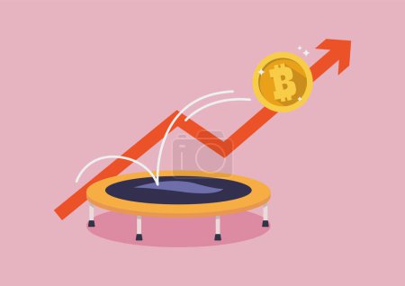 Illustration for Golden bitcoin bounce back on the trampoline. Bitcoin price rebound. Vector illustration - Royalty Free Image
