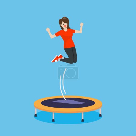 Mujer emocionada saltando y rebotando en trampolín. Ilustración vectorial