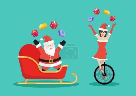 Illustration for Santa Claus and santa girl juggling gift boxes on a vehicle. Vector illustration - Royalty Free Image
