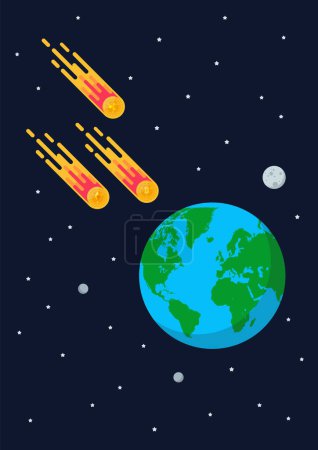 Téléchargez les illustrations : Les astéroïdes cryptomonnaies approchent de la terre. Crypto-monnaie concept de crise. illustration vectorielle - en licence libre de droit