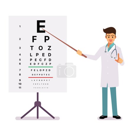 Illustration for Ophthalmology doctor standing near eye test chart. Ophthalmic table for visual examination. Vector illustration - Royalty Free Image