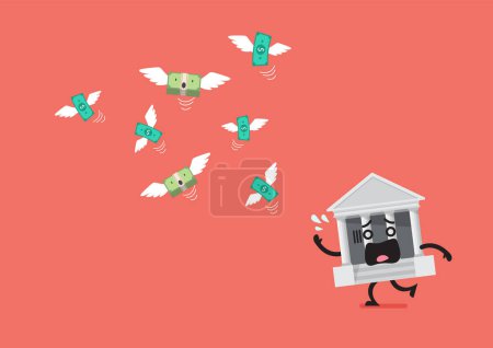 Money flying away from bank character. Business metaphor. Financial crisis vector illustration.