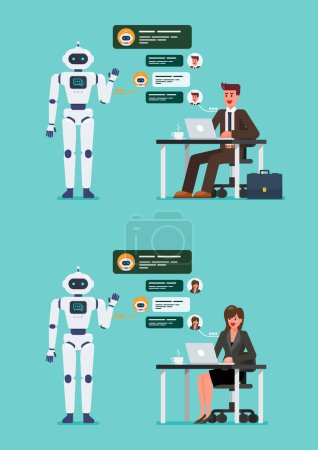 Illustration for Businessman and woman are chatting with chatbot - Royalty Free Image