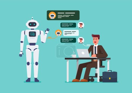 Businessman is chatting with chatbot. artificial intelligence chat bot developed by tech company. Vector illustration