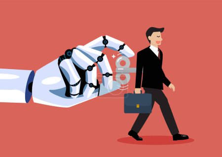 Illustration for Robot hand turns on businessman with wind up key in his back. Digital disruption concept. Vector illustration - Royalty Free Image