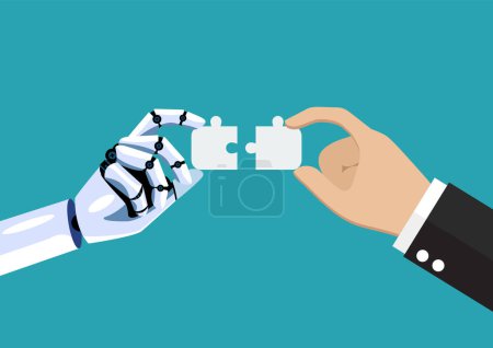 Illustration for Businessman and AI robot hand connect jigsaw puzzle together. Human and AI Artificial Intelligence working together. Vector illustration - Royalty Free Image