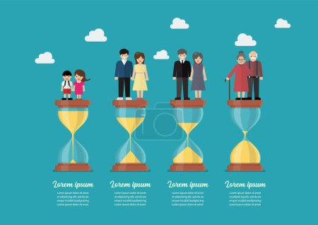 Time of young to senior people infographic. Lifestyle metaphor of growing old concept. Vector illustration