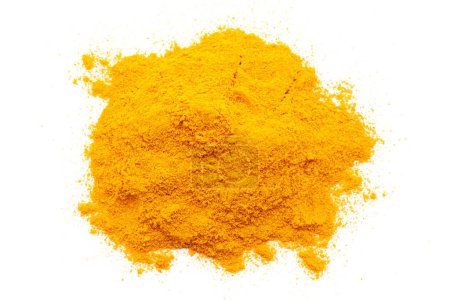 A pile of Turmeric (Haldi) isolated on a white background. Top view
