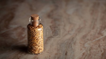 Une petite bouteille en verre remplie de son de riz biologique (Oryza sativa) ou de dhaan est placée sur un fond de marbre.