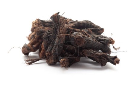Close-up of Dry Nagarmotha (Cyperus scariosus) roots, isolated on a white background. Front view